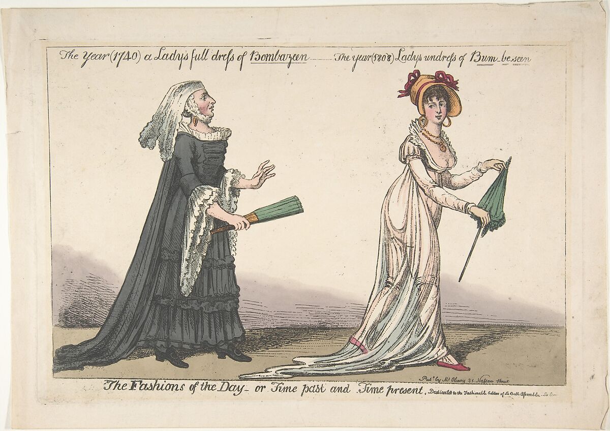 The Fashions of the Day – or Time Past and Time Present: The Year (1740) a Lady's Full Dress of Bombazeen – The Year (1808) Lady's Undress of Bum-be-seen, Anonymous, Irish, 19th century, Hand-colored etching 