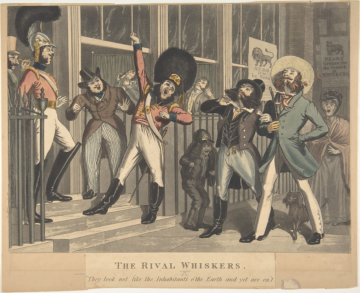 The Rival Whiskers, Designed and etched by Theodore Lane (British, Isleworth ca. 1800–1828 London), Hand-colored aquatint 