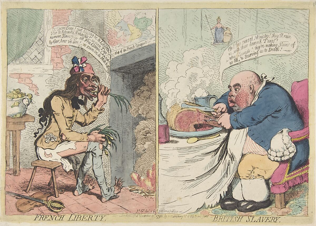 French Liberty – British Slavery, James Gillray (British, London 1756–1815 London), Hand-colored etching 