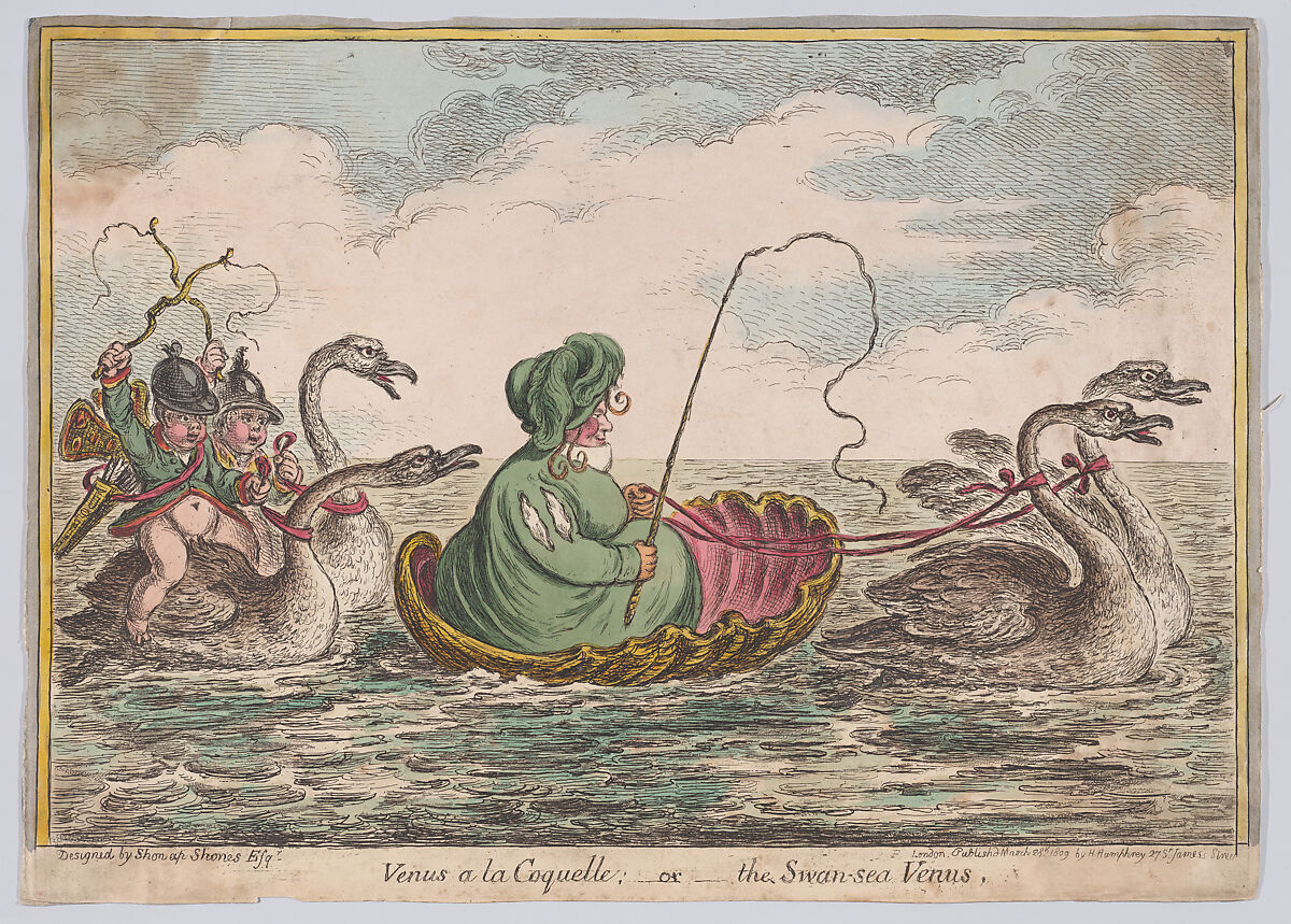 Venus a la Coquelle: or the Swan-sea Venus, James Gillray (British, London 1756–1815 London), Hand-colored etching 