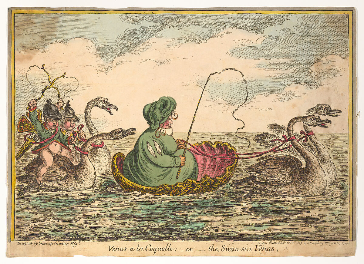 Venus a la Coquelle: or the Swan-sea Venus, James Gillray (British, London 1756–1815 London), Hand-colored etching