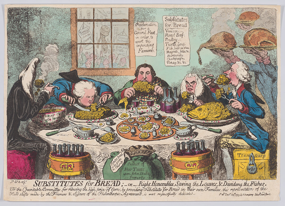Substitutes for Bread;–or–Right Honorables, Saving the Loaves, & Dividing the Fishes, James Gillray (British, London 1756–1815 London), Hand-colored etching 