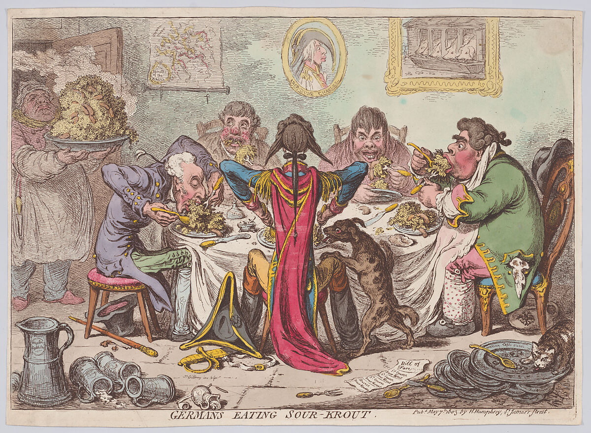 Germans Eating Sour-Krout, James Gillray (British, London 1756–1815 London), Hand-colored etching 