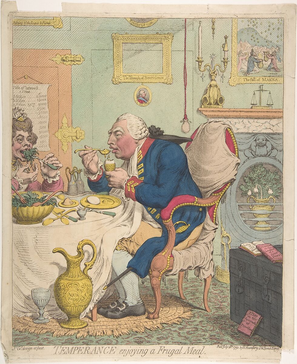 Temperance Enjoying a Frugal Meal, James Gillray (British, London 1756–1815 London), Hand-colored etching 