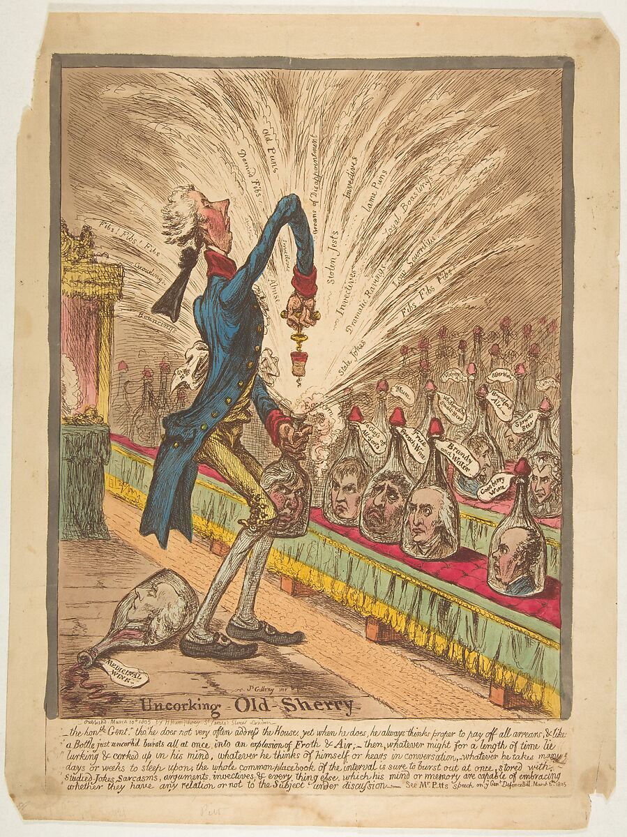 Uncorking Old Sherry, James Gillray (British, London 1756–1815 London), Hand-colored etching 