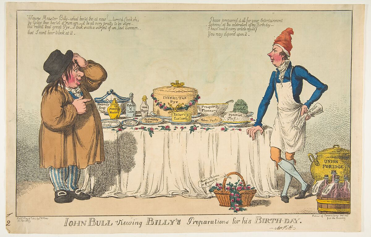 John Bull Viewing Billy's Preparations for his Birth-day, Charles Williams (British, active 1797–1830), Hand-colored etching 