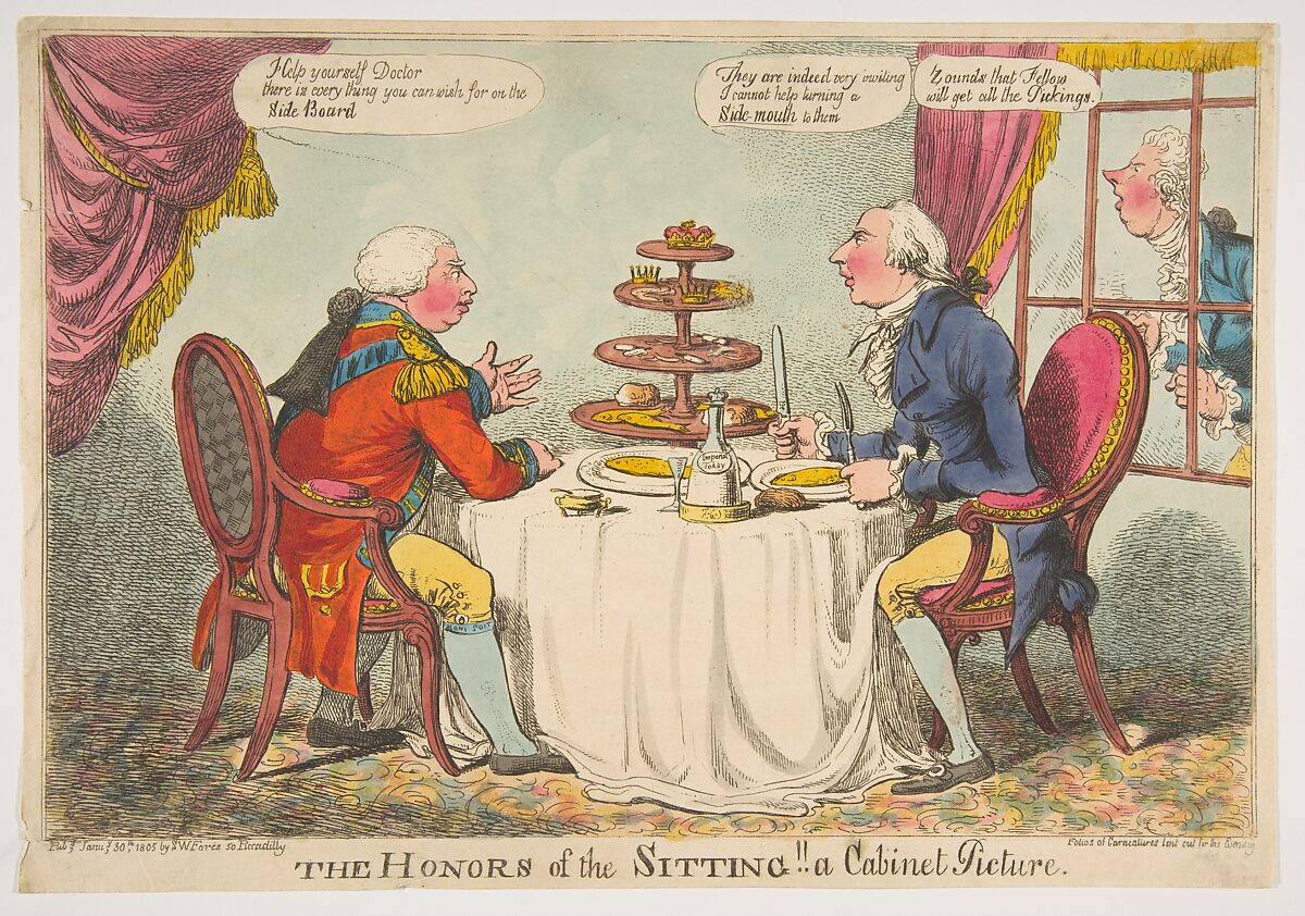 The Honors of the Sitting! A Cabinet Picture, Charles Williams (British, active 1797–1830), Hand-colored etching 