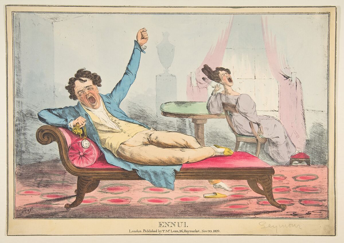 Ennui, Robert Seymour (British, Somerset 1798–1836 London), Hand-colored lithograph 
