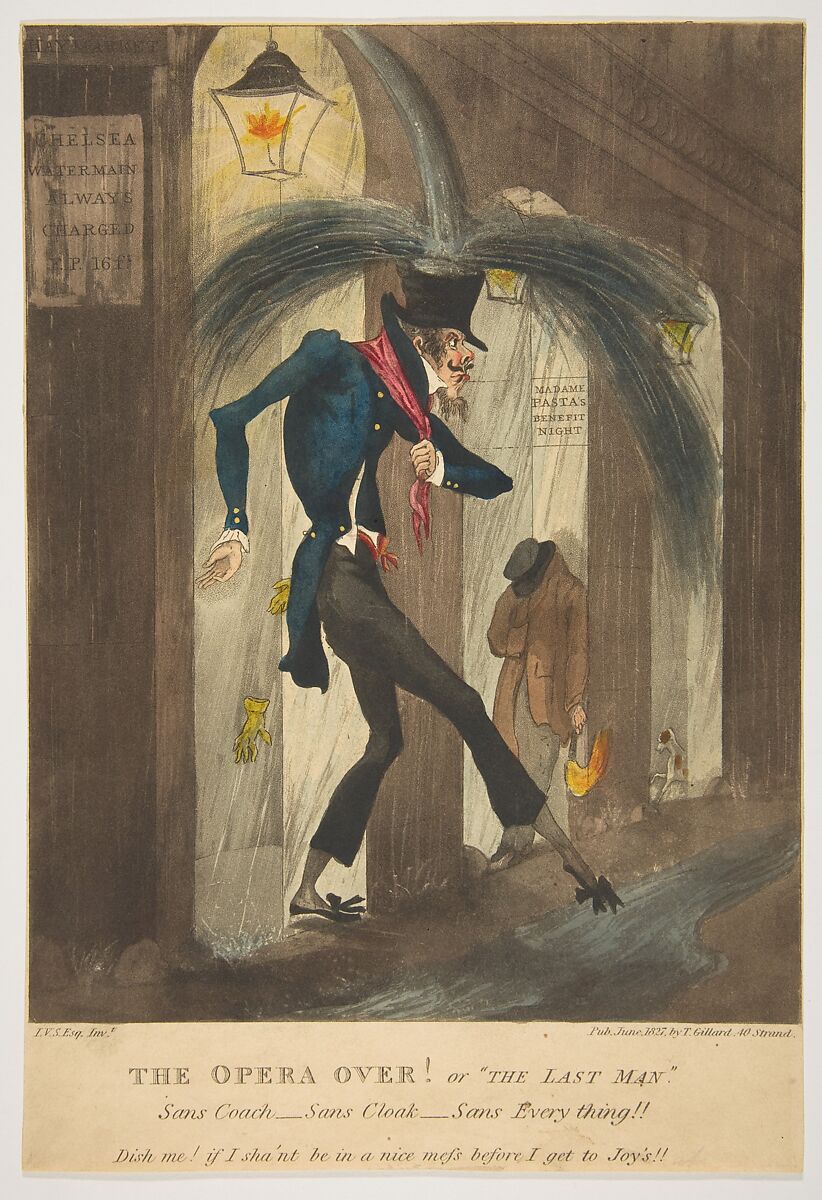 The Opera Over! Or "The Last Man", T. Gillard (London), Hand-colored aquatint 