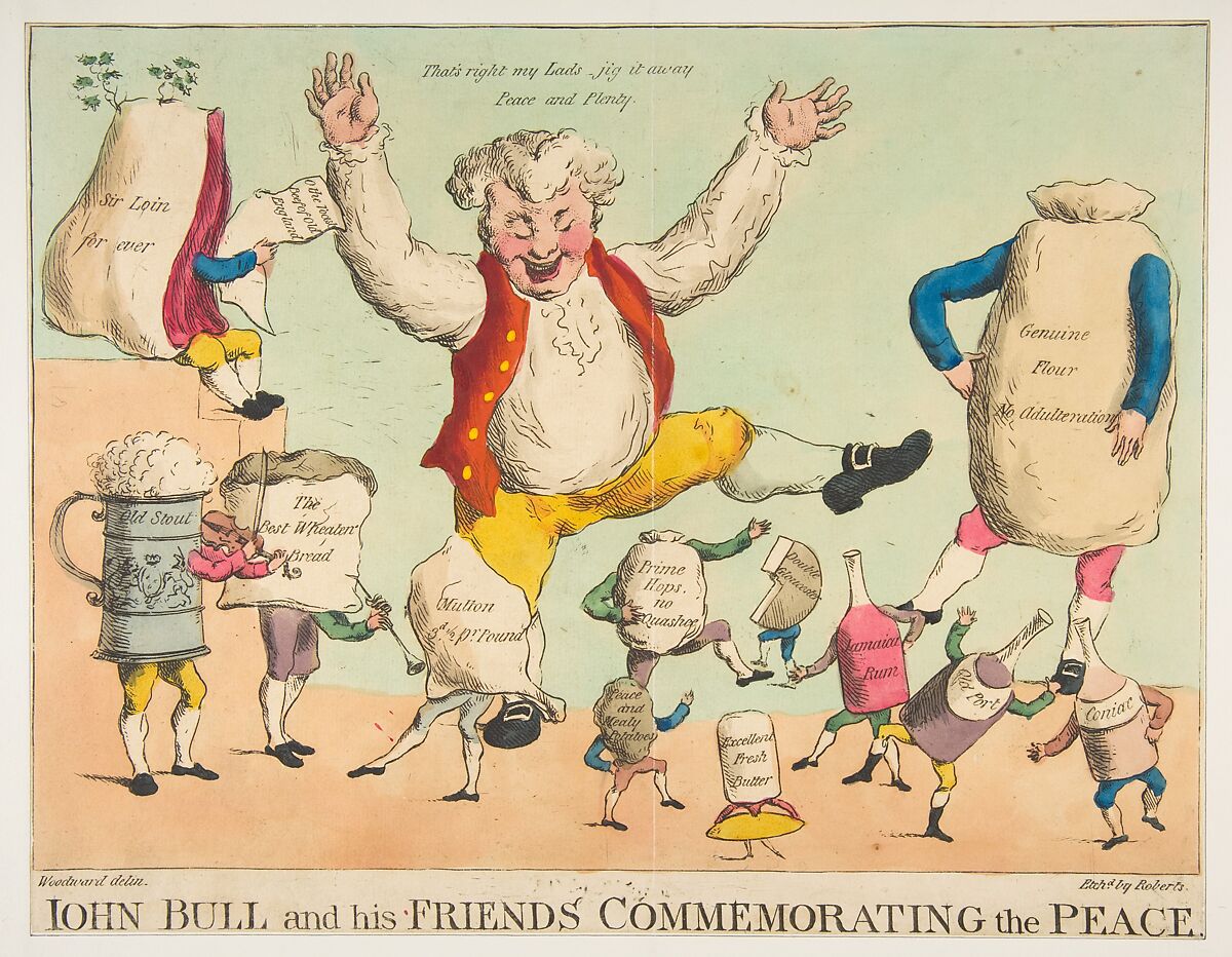 John Bull and His Friends Commemorating the Peace, Piercy Roberts (British, active 1795–1827), Hand-colored etching 