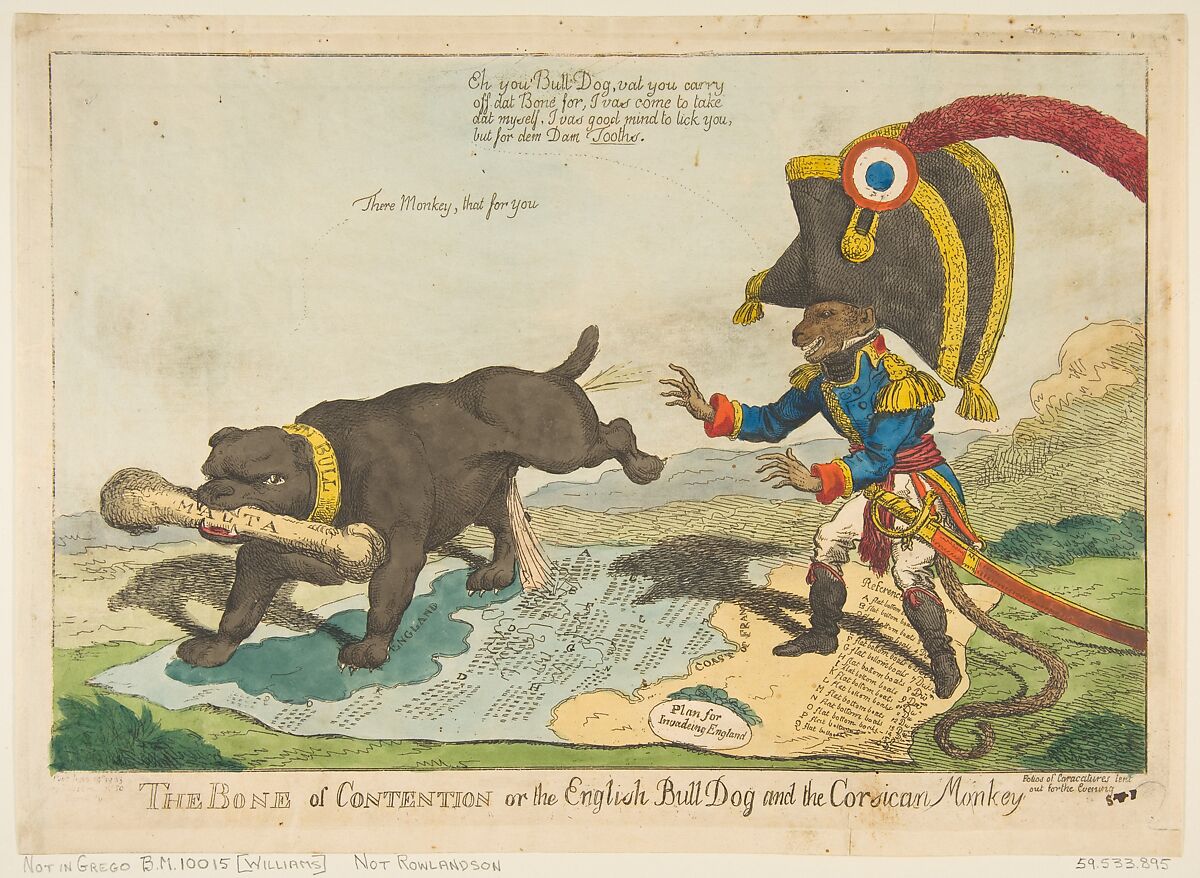 The Bone of Contention or the English Bull Dog and the Corsican Monkey, Charles Williams (British, active 1797–1830), Hand-colored etching 