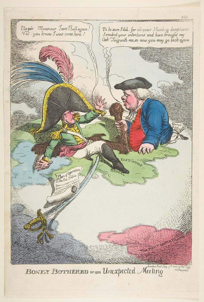 Boney Bothered or an Unexpected Meeting, Charles Williams (British, active 1797–1830), Hand-colored etching 