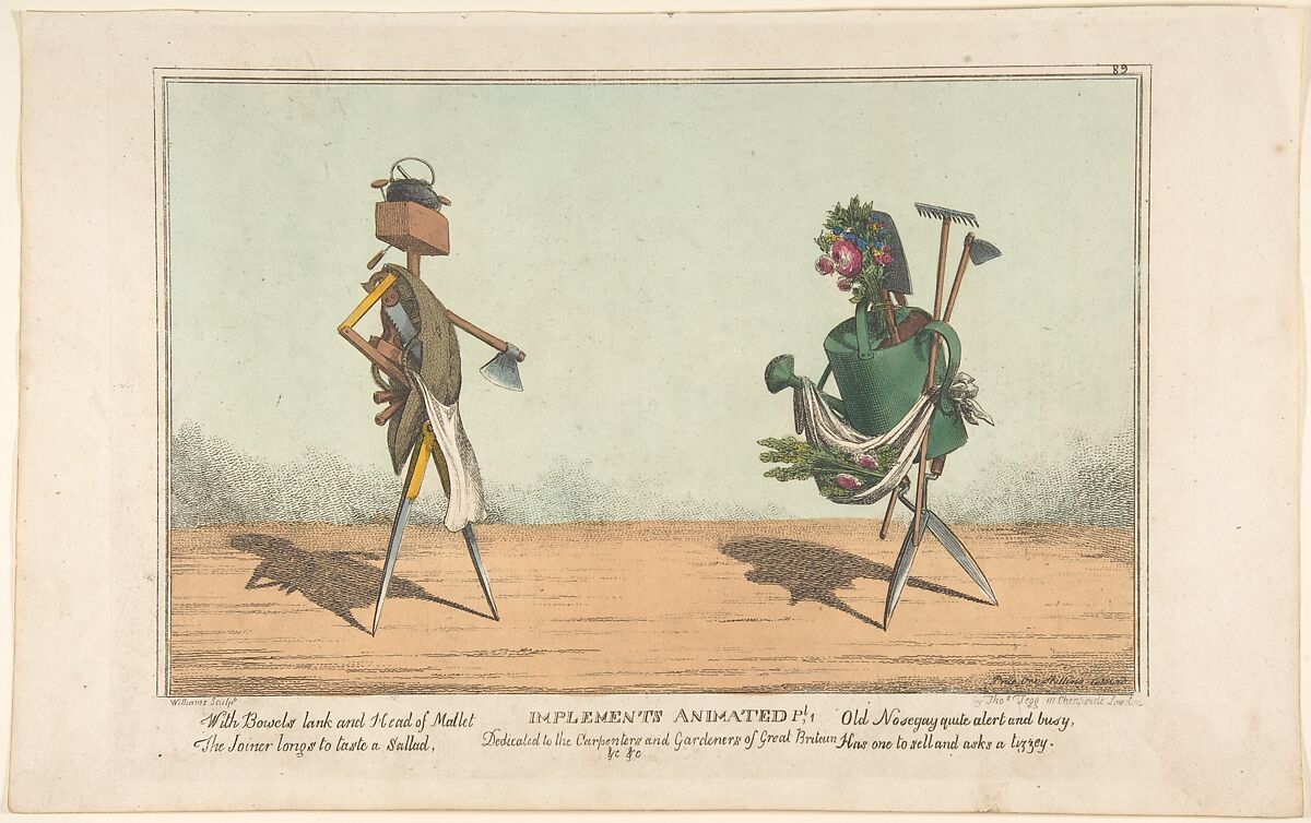 Implements Animated, Pl. 1, Dedicated to the Carpenters and Gardeners of Great Britain, Charles Williams (British, active 1797–1830), Hand-colored etching 
