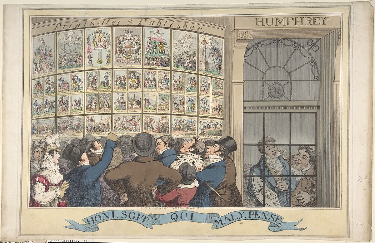 Honi. Soi. Qui. Mal. Y. Pense: The Caricature Shop of G. Humphrey, 27 St. James's Street, London, Theodore Lane (British, Isleworth ca. 1800–1828 London), Hand-colored etching 