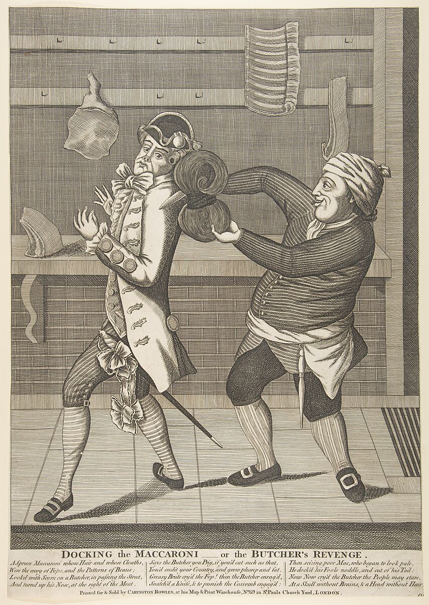Docking the Macaroni–or the Butcher's Revenge, Anonymous, British, 18th century, Etching and engraving 