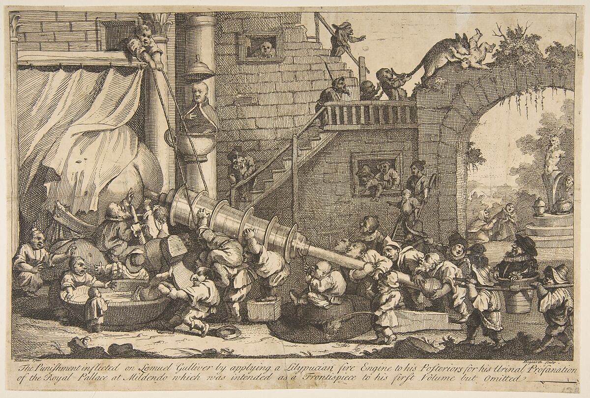 The Punishment Inflicted on Lemuel Gulliver, William Hogarth (British, London 1697–1764 London), Etching and engraving; first state of two