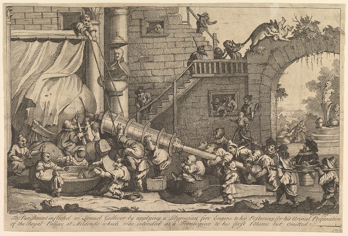 The Punishment Inflicted on Lemuel Gulliver, William Hogarth (British, London 1697–1764 London), Etching and engraving; first state of two 