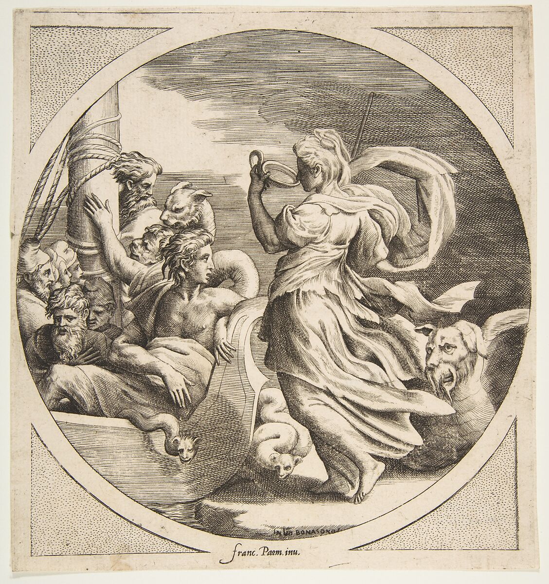 Circe drinking from a cup with the companions of Ulysses in a boat at left, a circular composition, Giulio Bonasone (Italian, active Rome and Bologna, 1531–after 1576), Engraving; second state 