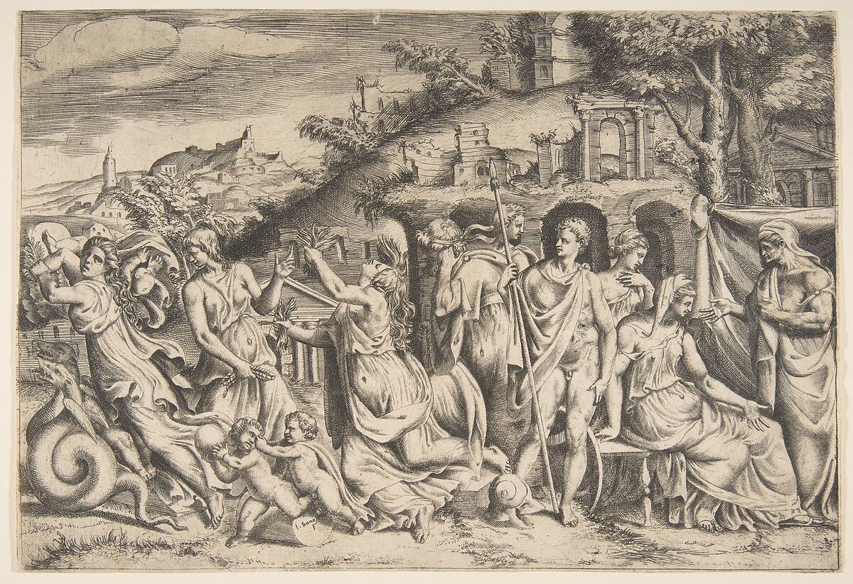 The story of Jason and Medea: at the left she carries off her son, in the middle she is shown in her madness, Jason stands at the right, Giulio Bonasone (Italian, active Rome and Bologna, 1531–after 1576), Engraving 