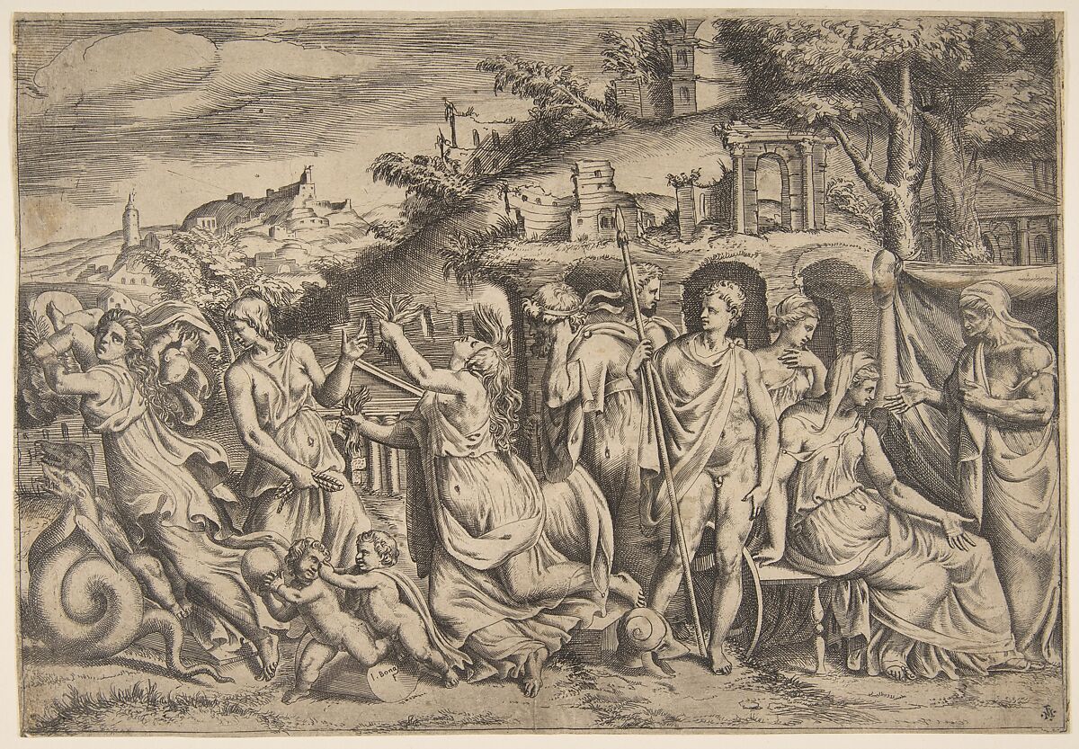 The story of Jason and Medea at the left she carries off her son, in the middle she is shown in her madness, Jason stands at the right, Giulio Bonasone (Italian, active Rome and Bologna, 1531–after 1576), Engraving 