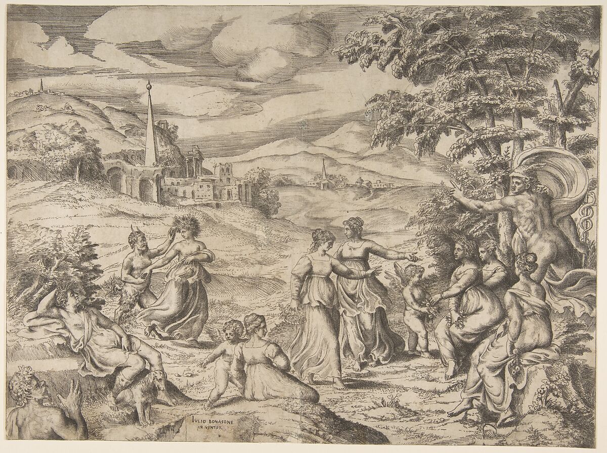 Mercury at the right telling the story of Pan and Syrinx, Giulio Bonasone (Italian, active Rome and Bologna, 1531–after 1576), Engraving with etching 