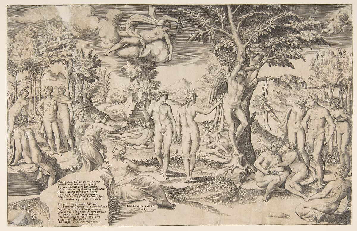 Cupid in the Elysian Fields tied to a tree in the center, surrounded by many figures, Giulio Bonasone (Italian, active Rome and Bologna, 1531–after 1576), Engraving 