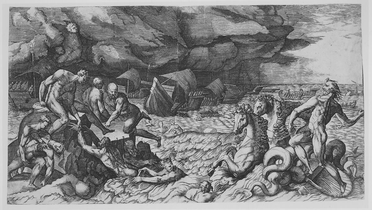 Neptune calming the Tempest Aeolus raised against the Fleet of Aeneas, Giulio Bonasone (Italian, active Rome and Bologna, 1531–after 1576), Engraving