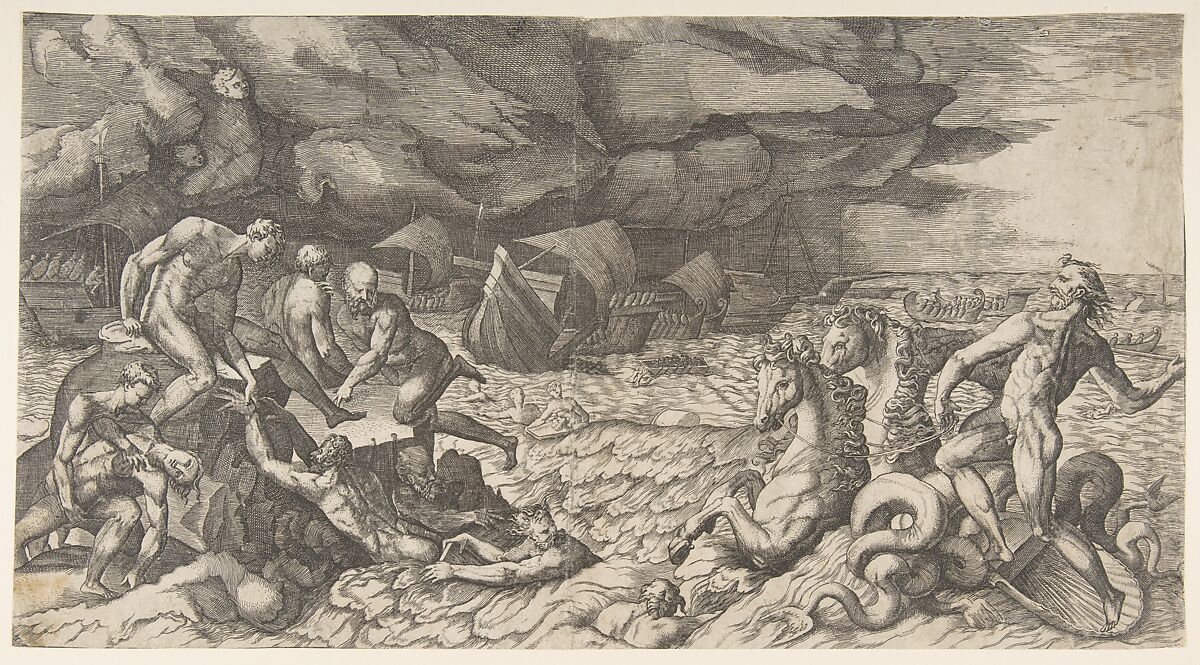 Neptune calming the Tempest Aeolus raised against the Fleet of Aeneas, Giulio Bonasone (Italian, active Rome and Bologna, 1531–after 1576), Engraving 