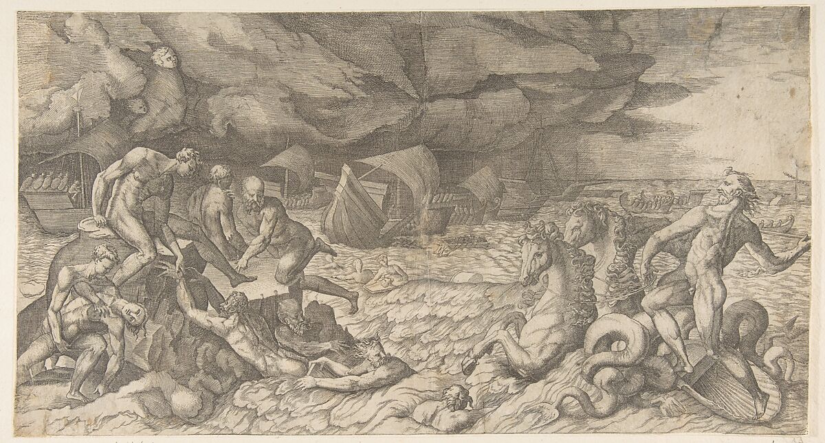 Neptune calming the Tempest Aeolus raised against the Fleet of Aeneas, Giulio Bonasone (Italian, active Rome and Bologna, 1531–after 1576), Engraving 