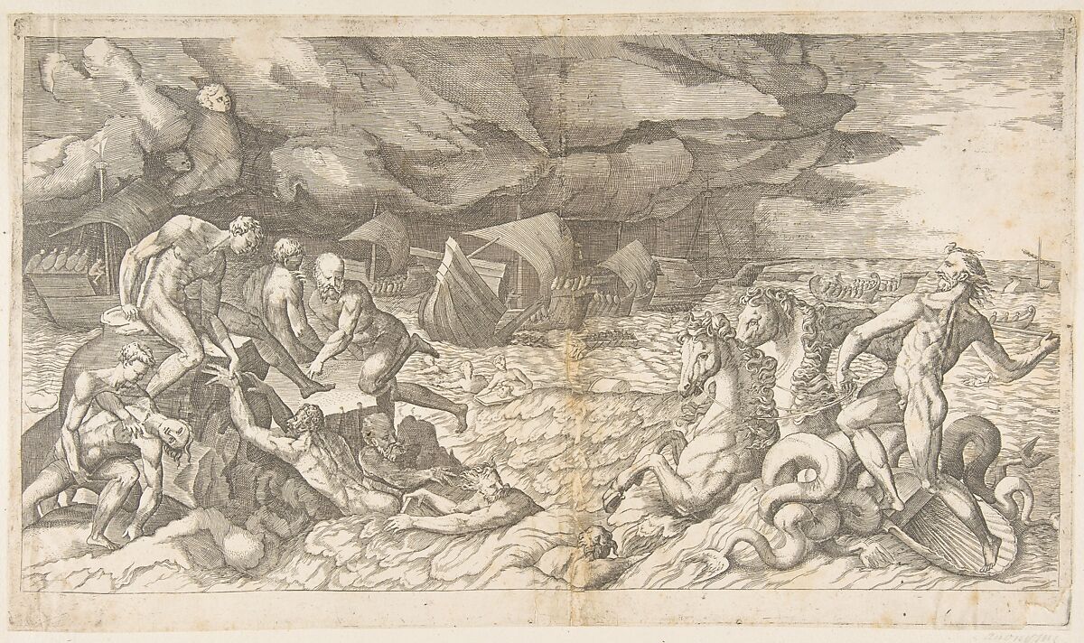 Neptune calming the Tempest Aeolus raised against the Fleet of Aeneas, Giulio Bonasone (Italian, active Rome and Bologna, 1531–after 1576), Engraving 