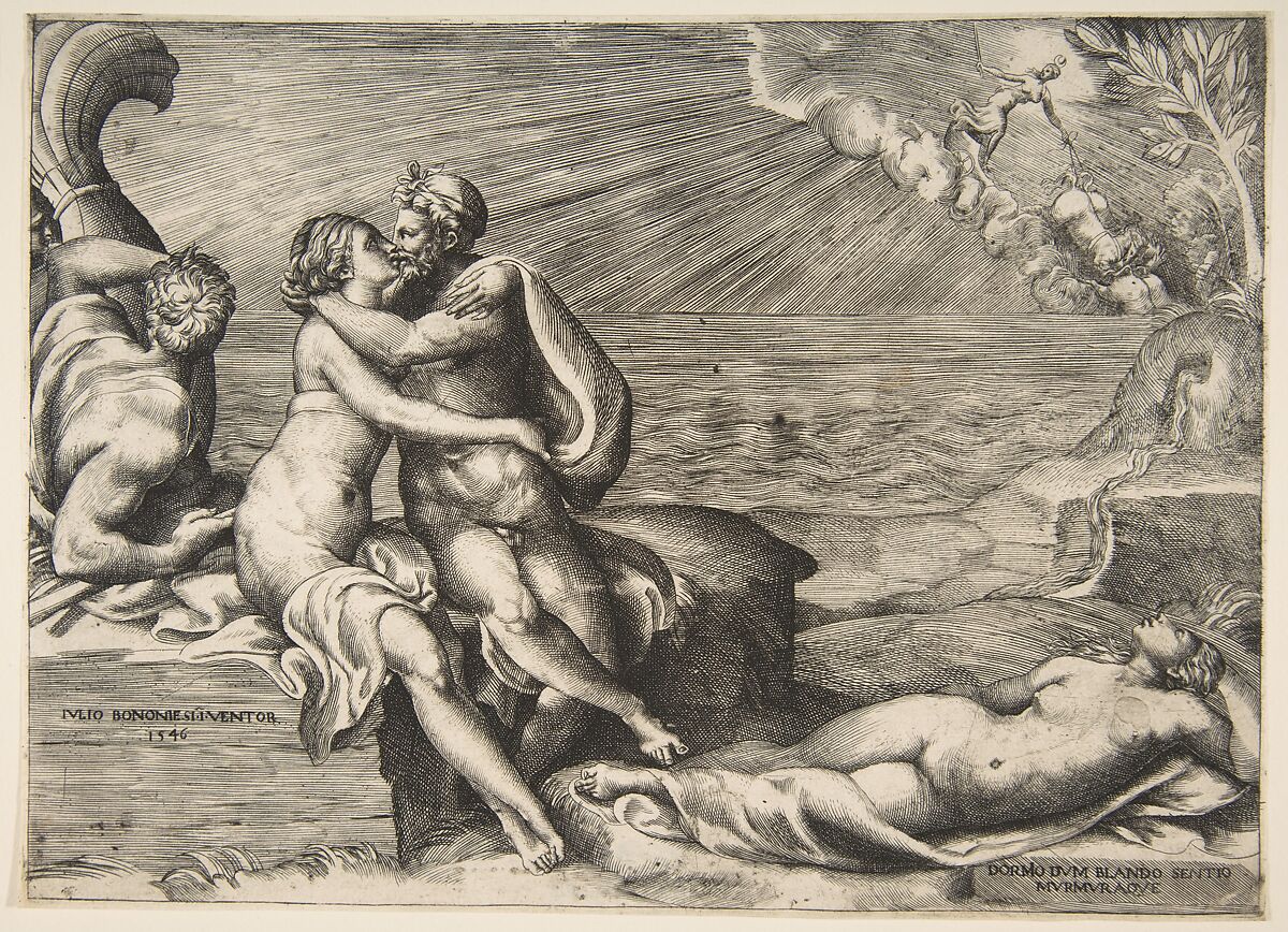 Jupiter's love for Juno rekindled when she puts on Venus's Girdle, Giulio Bonasone (Italian, active Rome and Bologna, 1531–after 1576), Engraving 