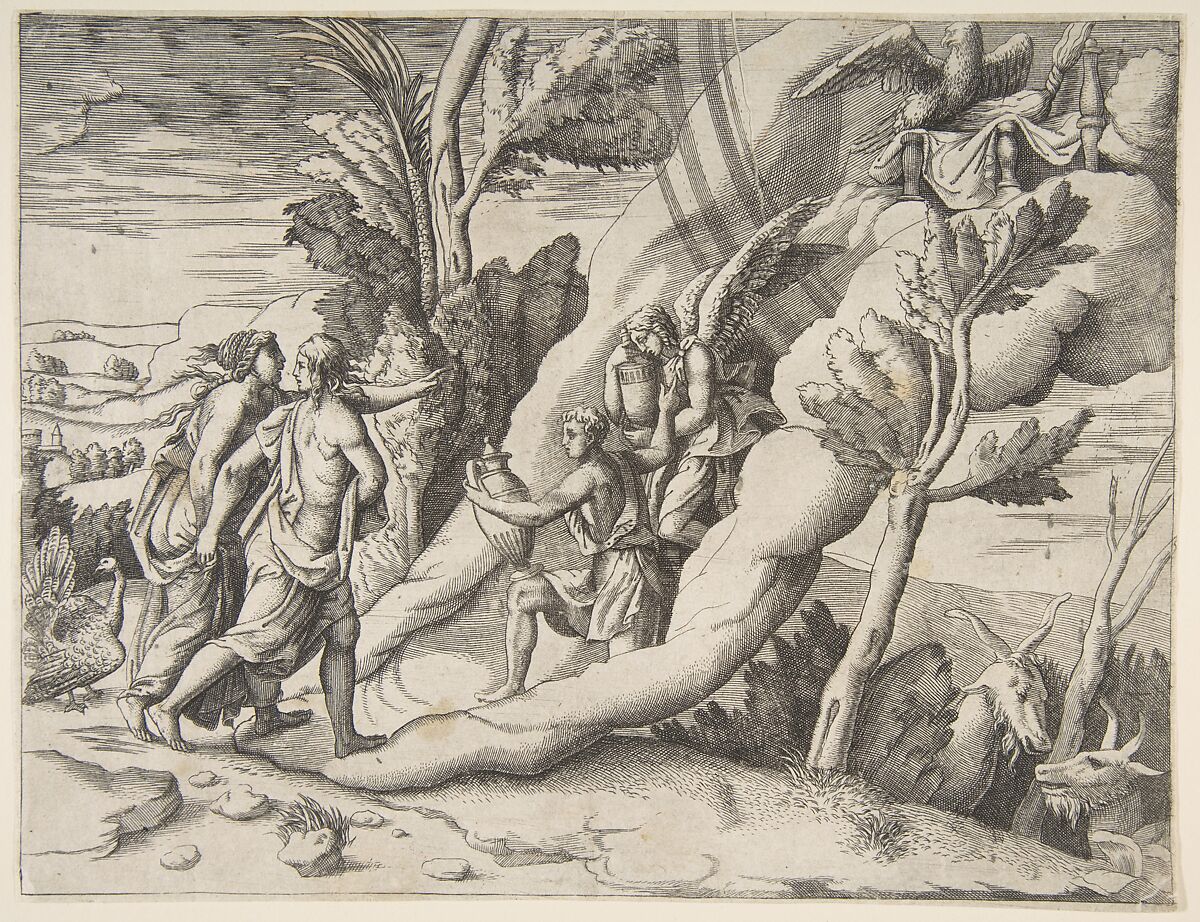 Jupiter and Juno being received in the heavens by Ganymede and Hebe, from "Division of the Universe", Giulio Bonasone (Italian, active Rome and Bologna, 1531–after 1576), Engraving 