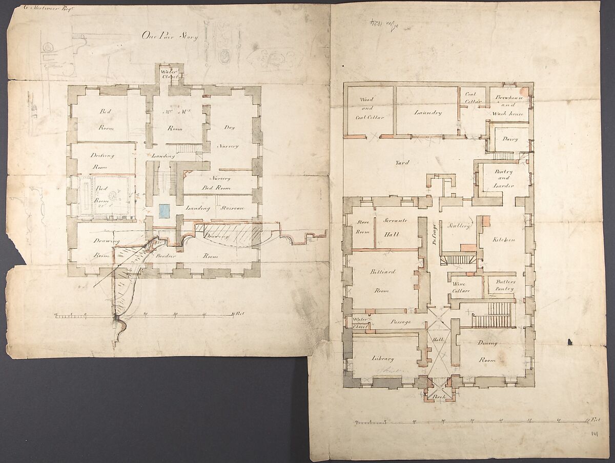 Studies of the Pavilion at Fonthill, Wiltshire and Plans of the Ground and First Floors (recto); Studies for the Pavilion in Tudor-Gothic Style (verso), Anonymous, British, 19th century, Pen and ink, brush and wash, over graphite 