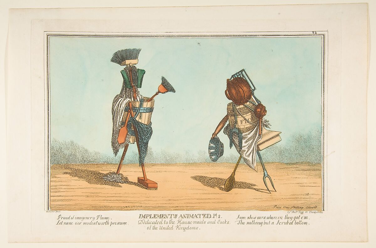 Implements Animated, Pl. 2, Dedicated to the Housemaids and Cooks of the United Kingdoms, Charles Williams (British, active 1797–1830), Hand-colored etching 