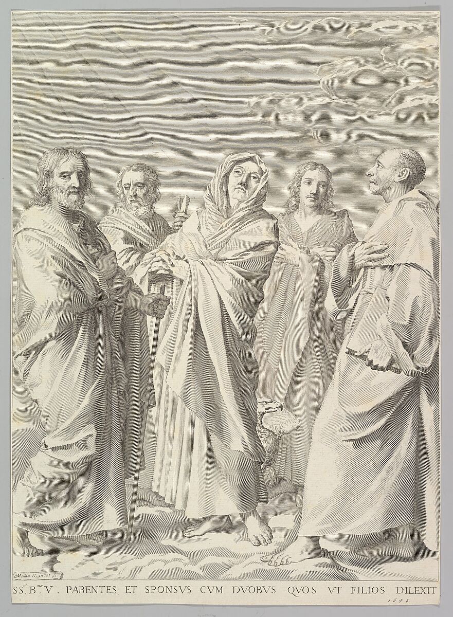 Sts. Anne, Joseph, Joachim, Bernard and John the Evangelist (Parenté de la Vierge), Claude Mellan (French, Abbeville 1598–1688 Paris), Engraving; second state of two (BN) 