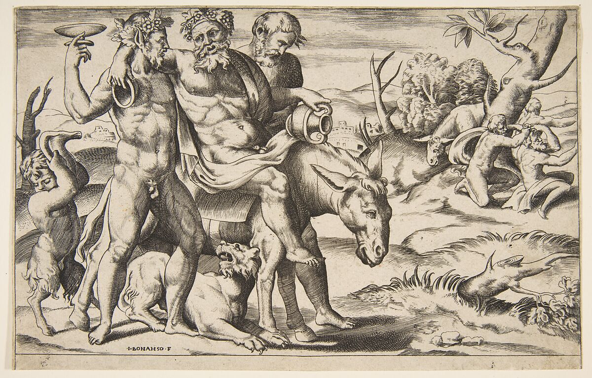 A drunken Silenus riding an ass being supported by satyrs, Giulio Bonasone (Italian, active Rome and Bologna, 1531–after 1576), Engraving 
