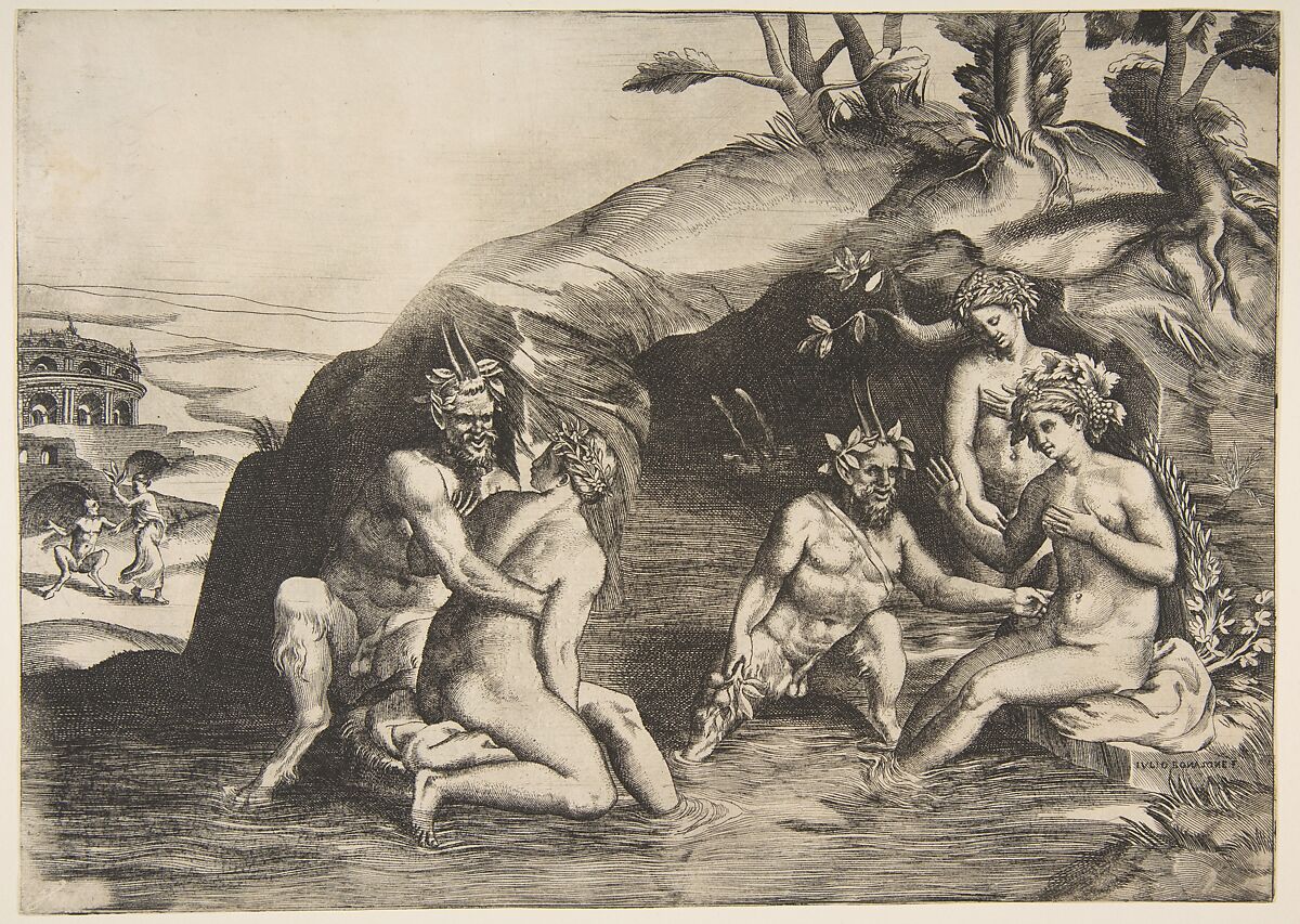 Nymphs and Satyrs bathing, Giulio Bonasone (Italian, active Rome and Bologna, 1531–after 1576), Engraving 