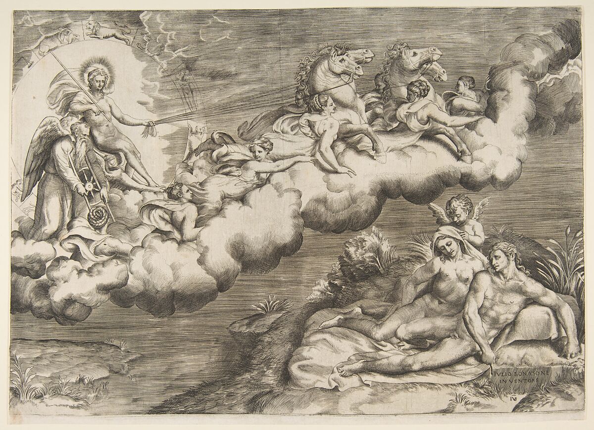 An allegory of the rising sun, a naked man wearing a shroud and accompanied Father Time is being drawn by horses, Giulio Bonasone (Italian, active Rome and Bologna, 1531–after 1576), Engraving 