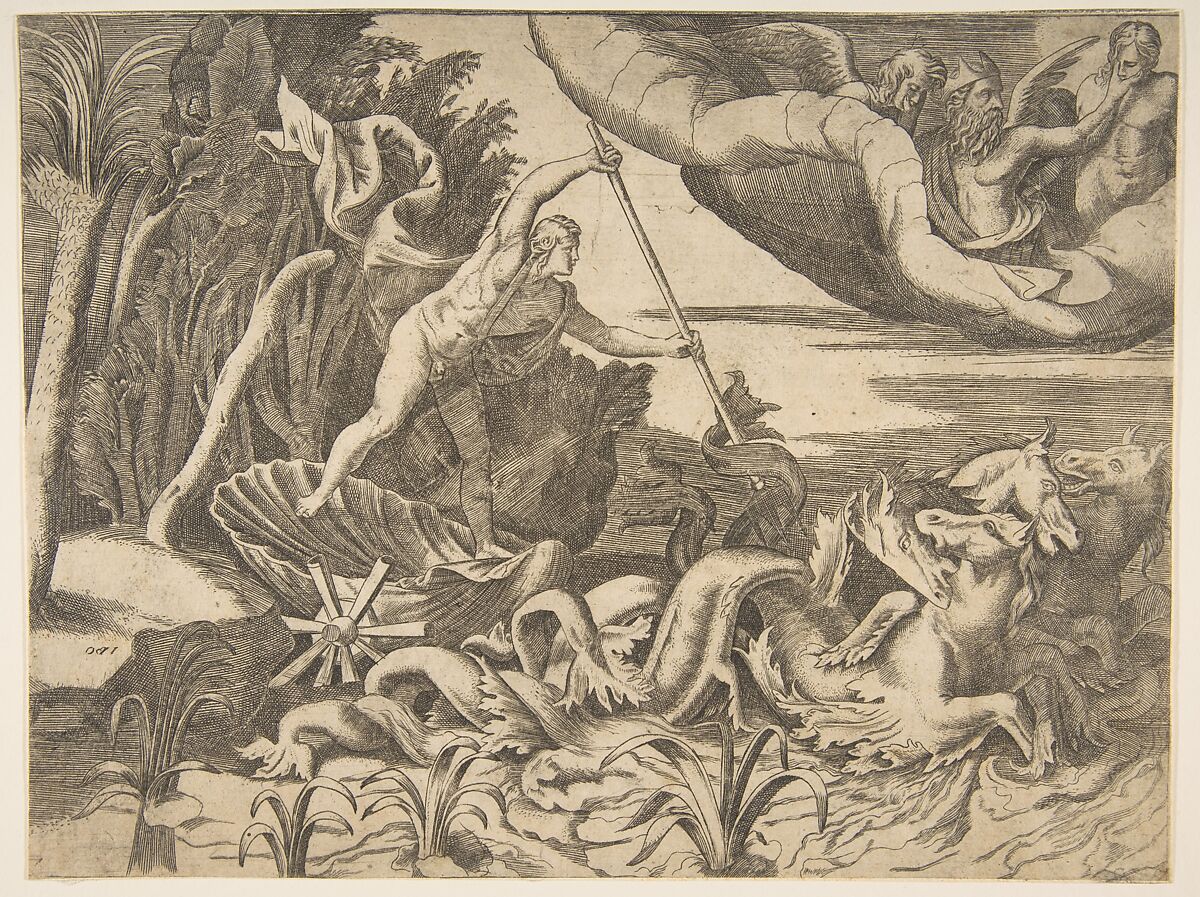 Neptune in his Chariot being drawn by seahorses, from the 'Division of the Universe', Giulio Bonasone (Italian, active Rome and Bologna, 1531–after 1576), Engraving 
