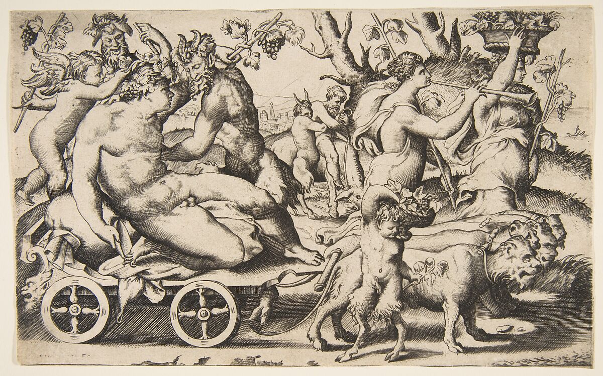 Triumph of Bacchus who is seated on a carriage at left, Giulio Bonasone (Italian, active Rome and Bologna, 1531–after 1576), Engraving 