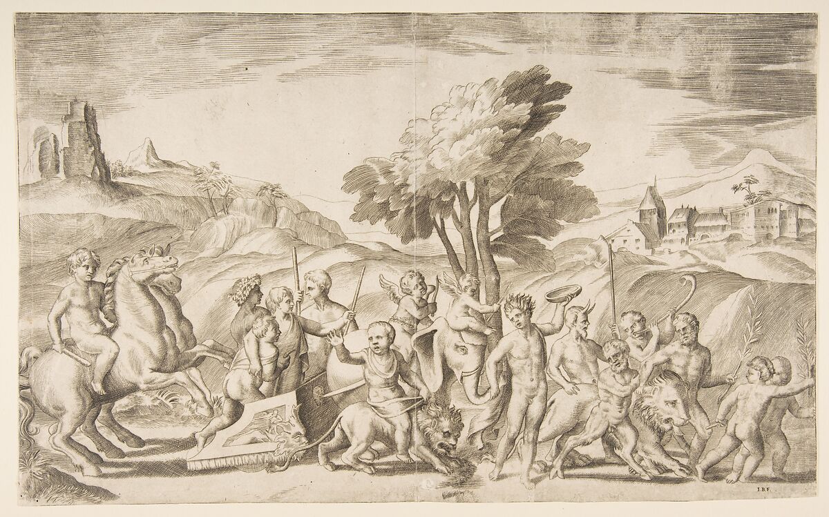 A children's bacchanal with animals, Giulio Bonasone (Italian, active Rome and Bologna, 1531–after 1576), Engraving 