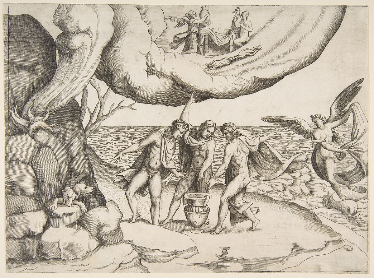 Jupiter, Neptune and Pluto dividing the universe, from "Division of the Universe", Giulio Bonasone (Italian, active Rome and Bologna, 1531–after 1576), Engraving 