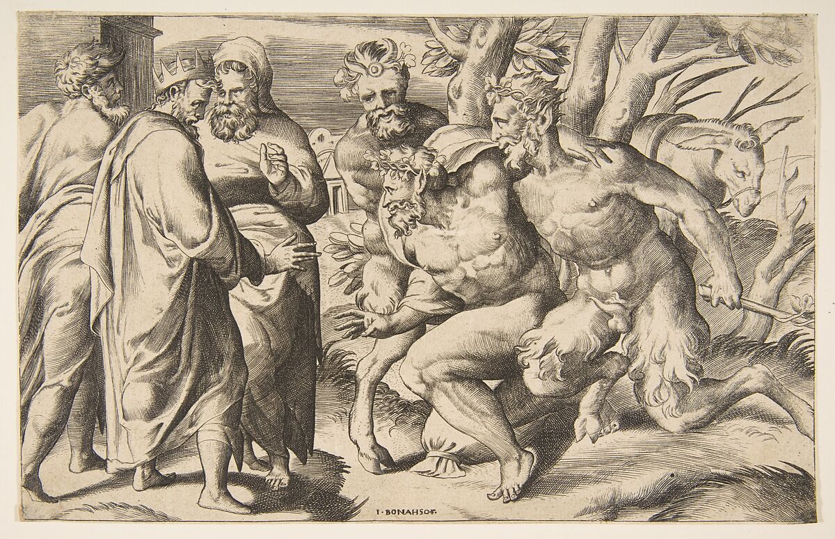 Two satyrs brining Silenus King Midas standing at the left, Giulio Bonasone (Italian, active Rome and Bologna, 1531–after 1576), Engraving 