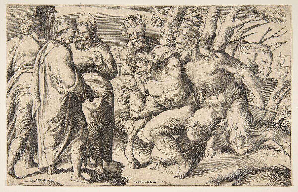 Giulio Bonasone Two Satyrs Brining Silenus King Midas Standing