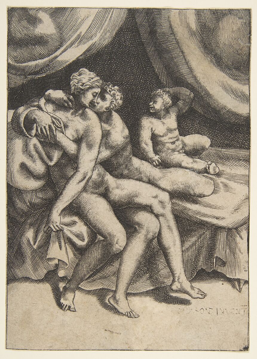 Two lovers on a bed, from "The Loves of the Gods", Giulio Bonasone (Italian, active Rome and Bologna, 1531–after 1576), Engraving 