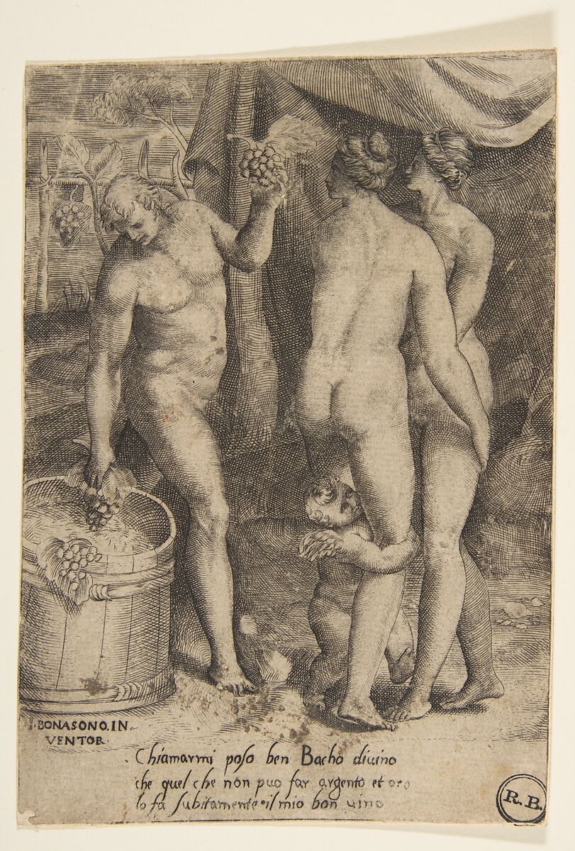 Bacchus at left giving grapes to women, from "The Loves of the Gods", Giulio Bonasone (Italian, active Rome and Bologna, 1531–after 1576), Engraving 