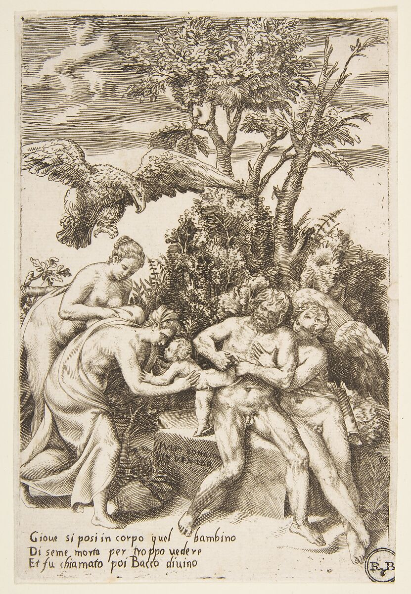 The Birth of Bacchus, from "The Loves of the Gods", Giulio Bonasone (Italian, active Rome and Bologna, 1531–after 1576), Engraving 