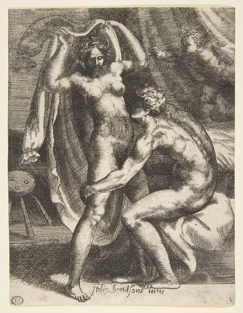 Two lovers, a man pulling a woman toward a bed, from "The Loves of the Gods", Giulio Bonasone (Italian, active Rome and Bologna, 1531–after 1576), Engraving 