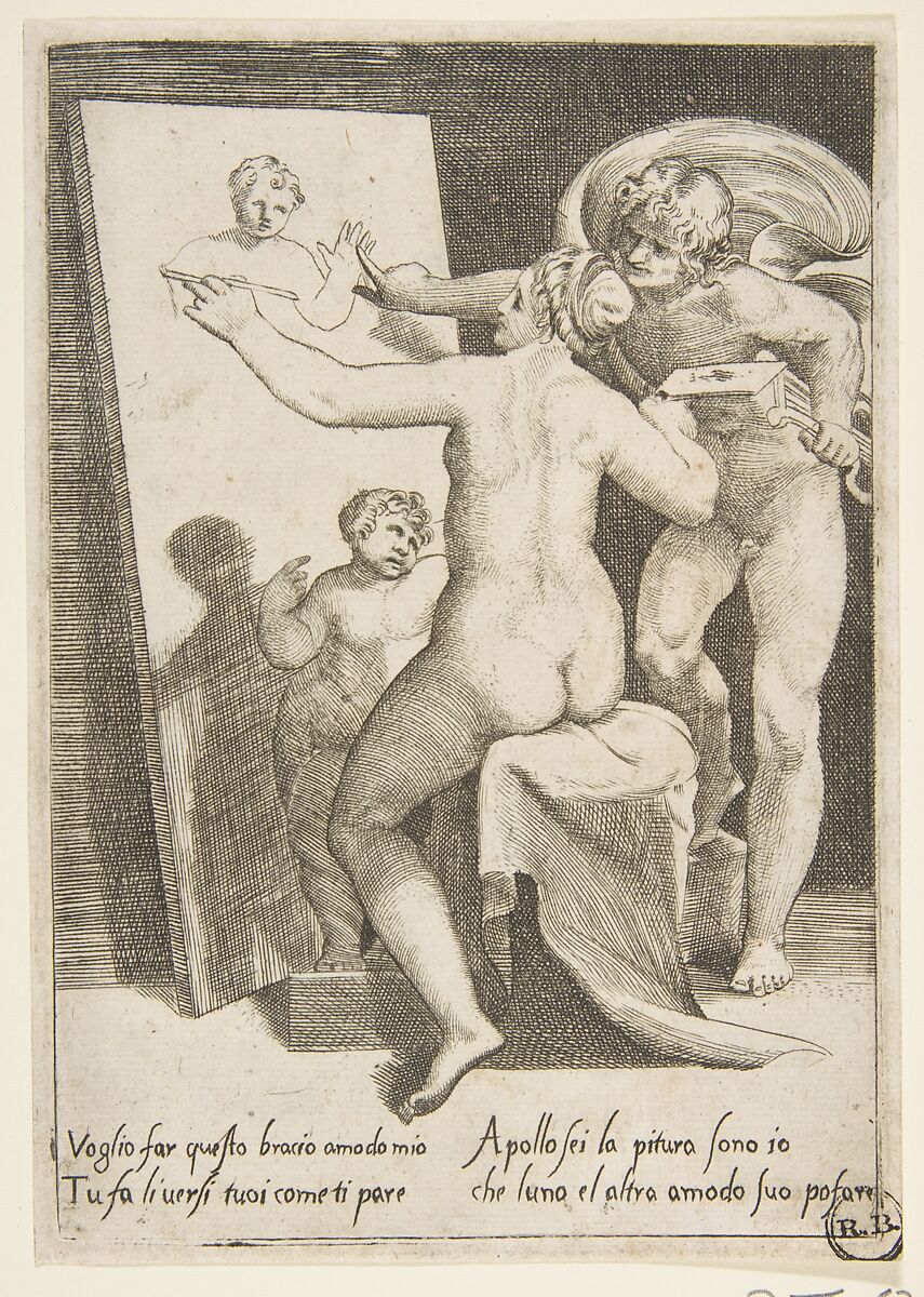 Apollo standing a beside a woman representing an allegory of painting, from "The Loves of the Gods", Giulio Bonasone (Italian, active Rome and Bologna, 1531–after 1576), Engraving 