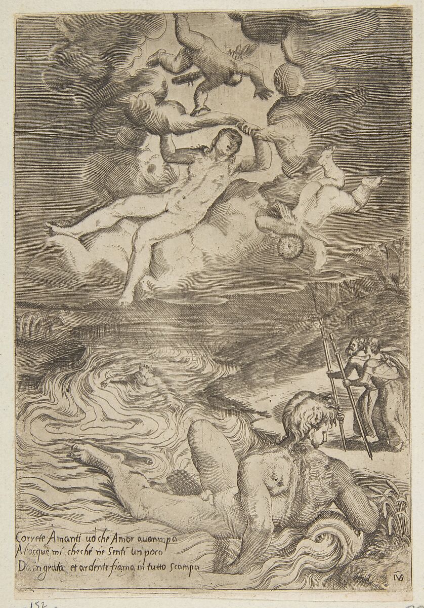Venus tumbling with putti in the clouds, from "The Loves of the Gods", Giulio Bonasone (Italian, active Rome and Bologna, 1531–after 1576), Engraving 